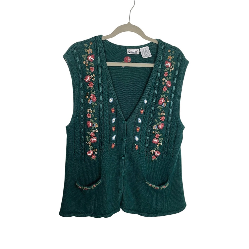Capacity Large VTG Grandma Sweater Vest Floral Embroidered Cottagecore Green